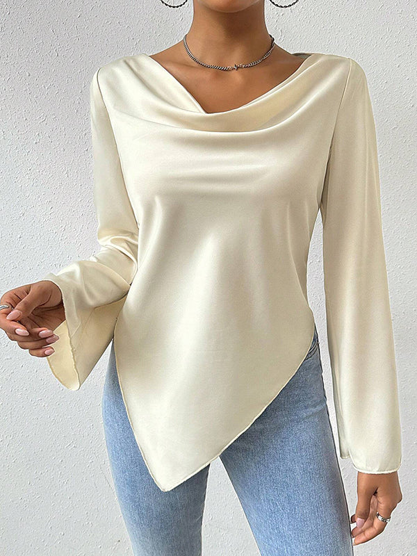 Long Sleeves Loose Solid Color Heaps Collar T-Shirts Tops