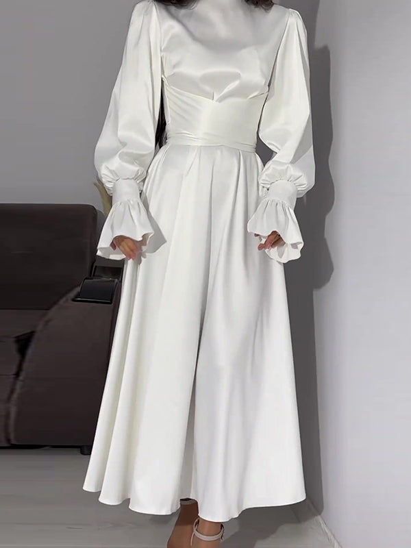 A-Line Long Sleeves Pleated Solid Color Tied Waist Zipper Mock Neck Maxi Dresses