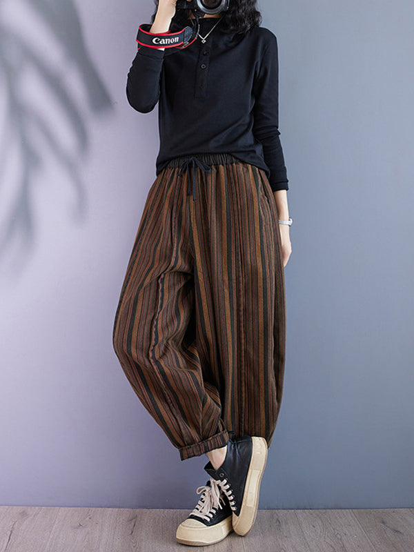 Harem Pants High Waisted Drawstring Elasticity Split-Joint Striped Pants Trousers