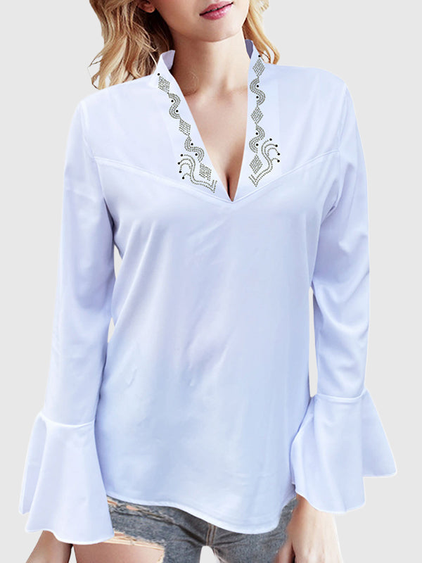 Flared Sleeves Long Sleeves Rhine Stones Solid Color V-Neck Blouses&Shirts Tops