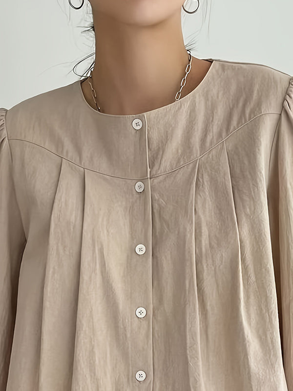 Loose Puff Sleeves Pleated Split-Joint Round-Neck Blouses&Shirts Tops