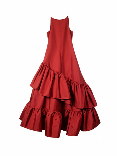 A-Line Loose Double Layered Pleated Solid Color Split-Joint Zipper Cold Shoulder Midi Dresses