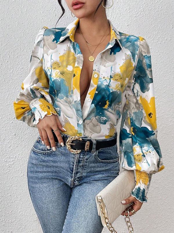 Long Sleeves Loose Buttoned Elasticity Flower Print Pleated Lapel Blouses&Shirts Tops