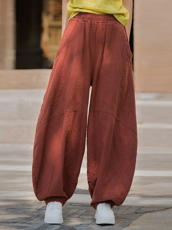 Loose Elasticity Pockets Solid Color Split-Joint Cropped Trousers Pants