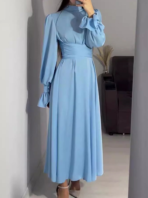 A-Line Long Sleeves Pleated Solid Color Tied Waist Zipper Mock Neck Maxi Dresses