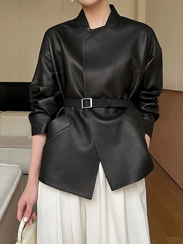 Long Sleeves Loose Belted Solid Color Stand Collar Jackets Outerwear