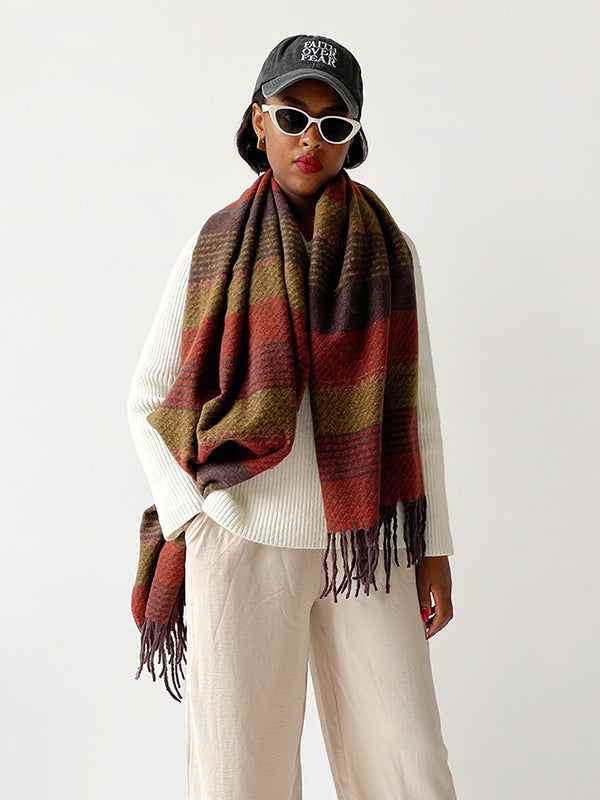 Contrast Color Striped Tasseled Scarf