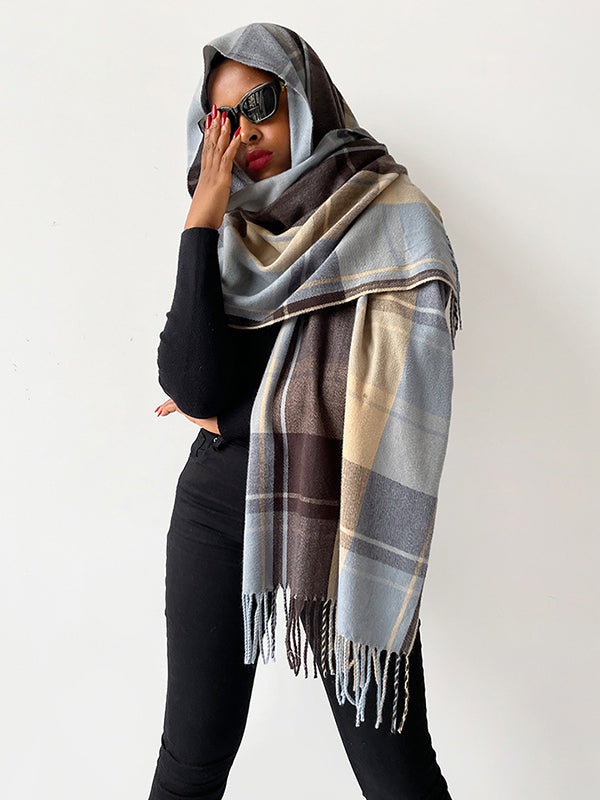 Contrast Color Plaid Striped Tasseled Shawl&Scarf