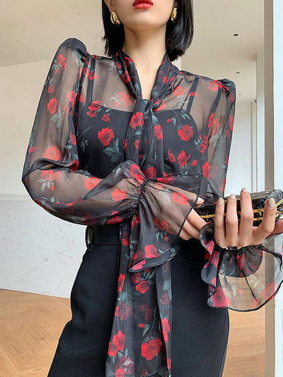Flared Sleeves Long Sleeves Elasticity Flower Print Mesh Tied V-Neck Blouses&Shirts Tops