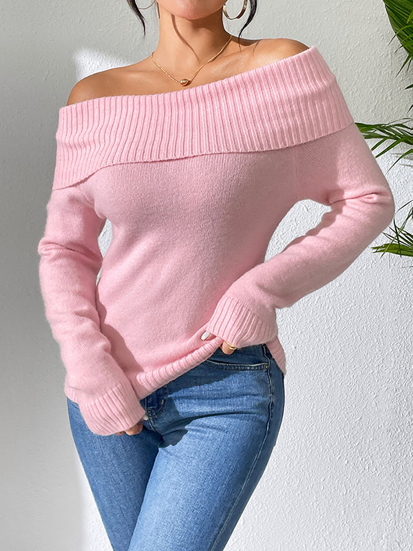 Long Sleeves Solid Color Off-The-Shoulder Pullovers Sweater Tops