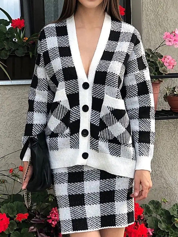 Long Sleeves Loose Buttoned Plaid Pockets Split-Joint V-Neck Cardigan Tops + Skirts Bottom Two Pieces Set