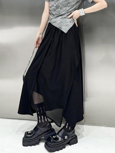 High Waisted Irregularity Asymmetric Drawstring Elasticity See-Through Solid Color Split-Joint Skirts