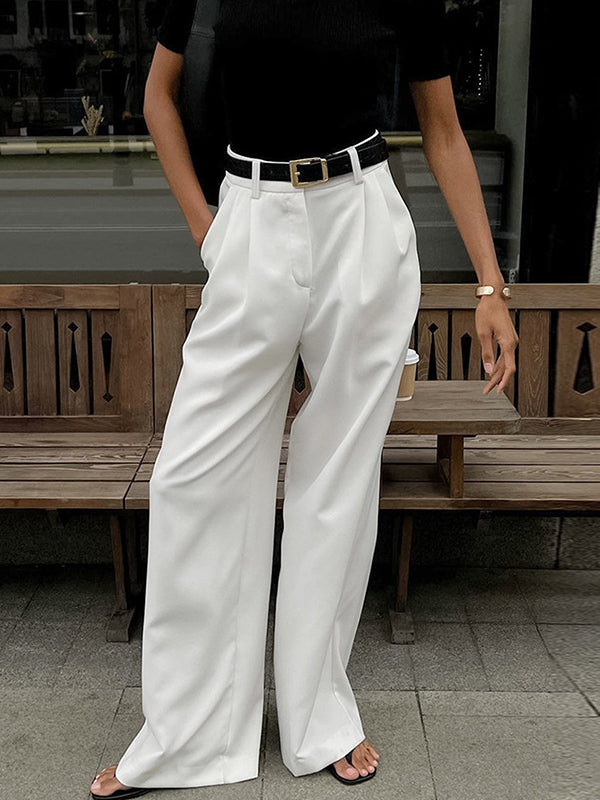 High Waisted Loose No Belt Pleated Pockets Solid Color Suit Pants Trousers