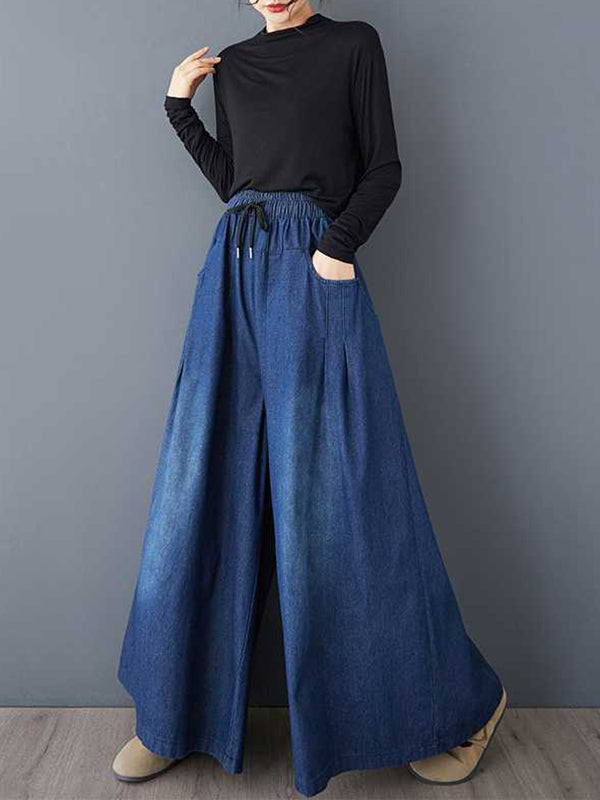 High Waisted Loose Drawstring Elasticity Pleated Pockets Jean Pants Bottoms