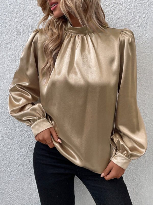 Long Sleeves Loose Pleated Shiny Solid Color Split-Joint Mock Neck T-Shirts Tops