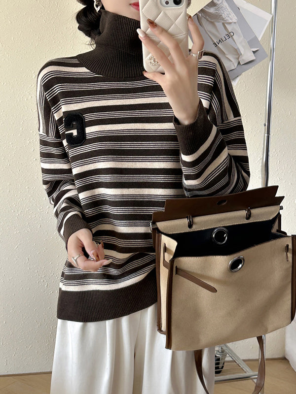 Long Sleeves Loose Contrast Color Split-Joint Striped High Neck Pullovers Sweater Tops