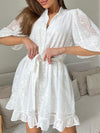 Loose Puff Sleeves Jacquard Pleated Ruffled See-Through Solid Color Split-Joint Tied Waist Stand Collar Mini Dresses