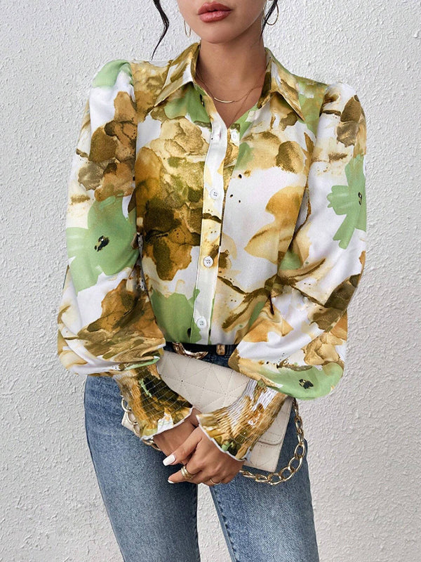 Long Sleeves Loose Buttoned Elasticity Flower Print Pleated Lapel Blouses&Shirts Tops