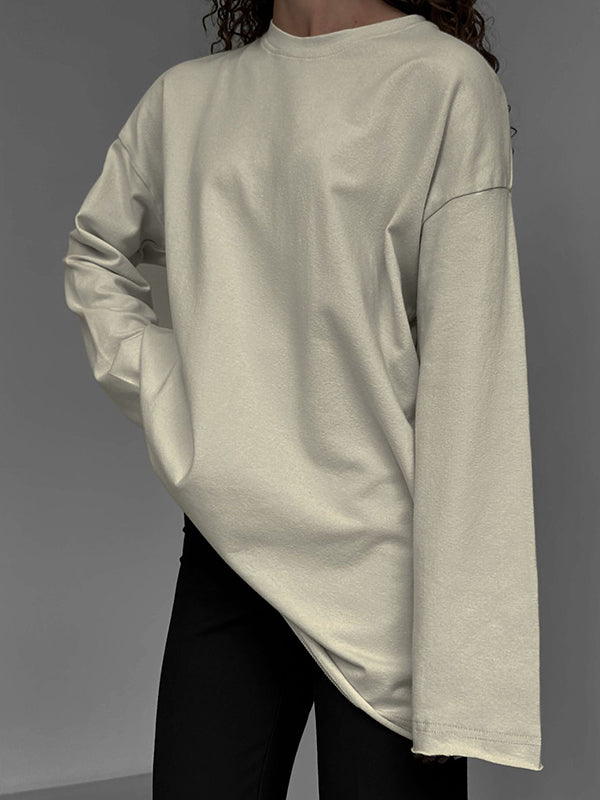 Long Sleeves Loose Solid Color Round-Neck T-Shirts Tops