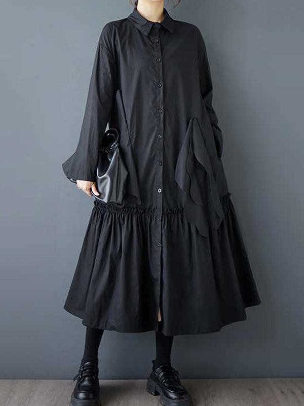 A-Line Long Sleeves Buttoned Pleated Pockets Solid Color Split-Joint Lapel Midi Dresses