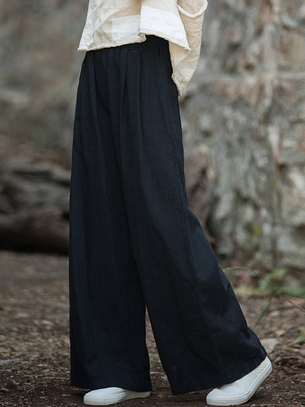 Loose Wide Leg Elasticity Pleated Pockets Solid Color Pants Trousers