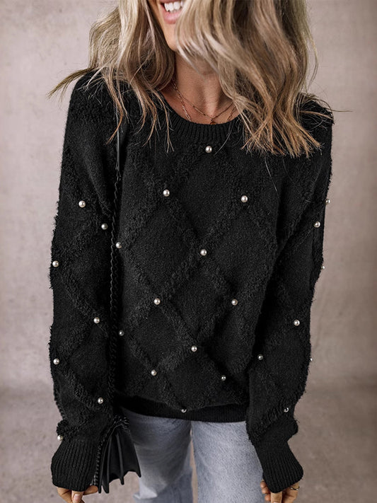 Long Sleeves Loose Beaded Round-Neck Pullovers Sweater Tops