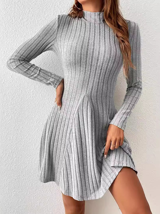 Long Sleeves Pleated Solid Color Split-Joint High Neck Mini Dresses