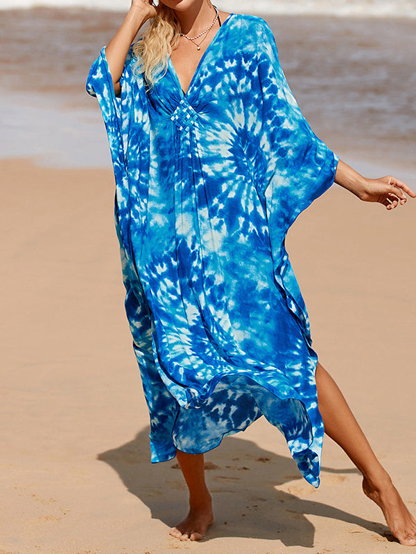 Batwing Sleeves Loose Split-Joint Split-Side Sun Protection Tie-Dyed V-Neck Beach Cover-Up Maxi Dresses