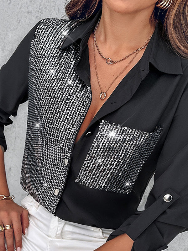 Long Sleeves Loose Buttoned Pockets Sequined Split-Joint Lapel Blouses&Shirts Tops