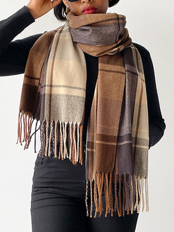 Contrast Color Plaid Striped Tasseled Shawl&Scarf