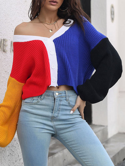 Long Sleeves Loose Contrast Color Split-Joint V-Neck Cardigan Tops