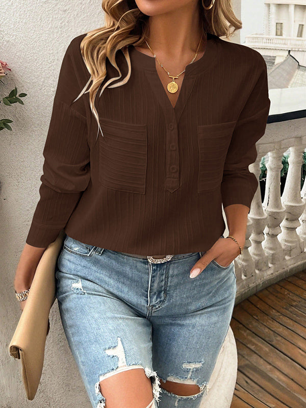 Long Sleeves Loose Buttoned Pockets Solid Color V-Neck Blouses&Shirts Tops