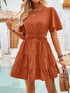 A-Line Flared Sleeves Elasticity Hollow Pleated Solid Color Split-Joint Round-Neck Mini Dresses