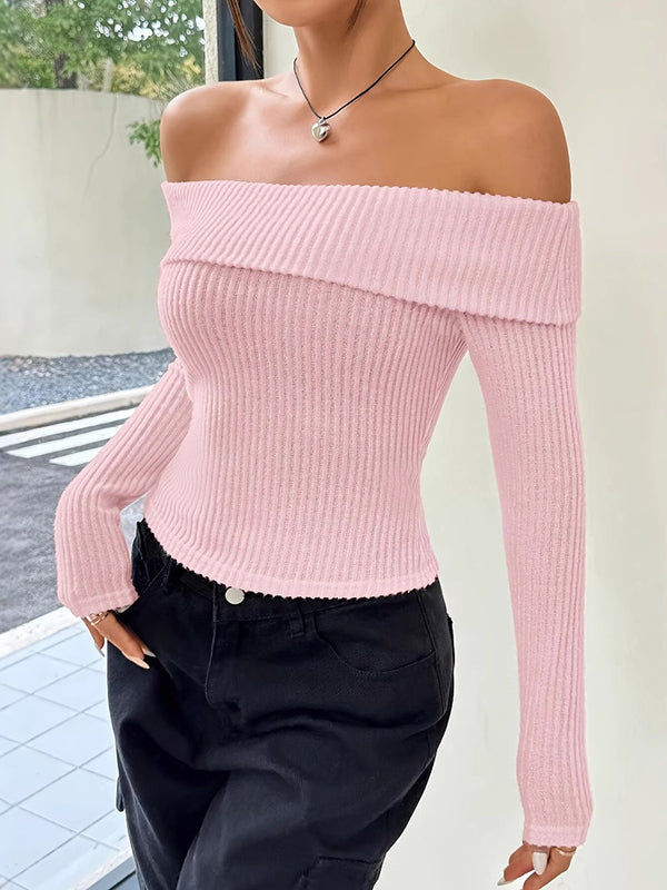 Long Sleeves Skinny Pleated Solid Color Split-Joint Off-The-Shoulder Sweater Tops