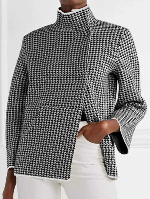 Long Sleeves Loose Contrast Color Houndstooth Split-Joint Stand Collar Outerwear