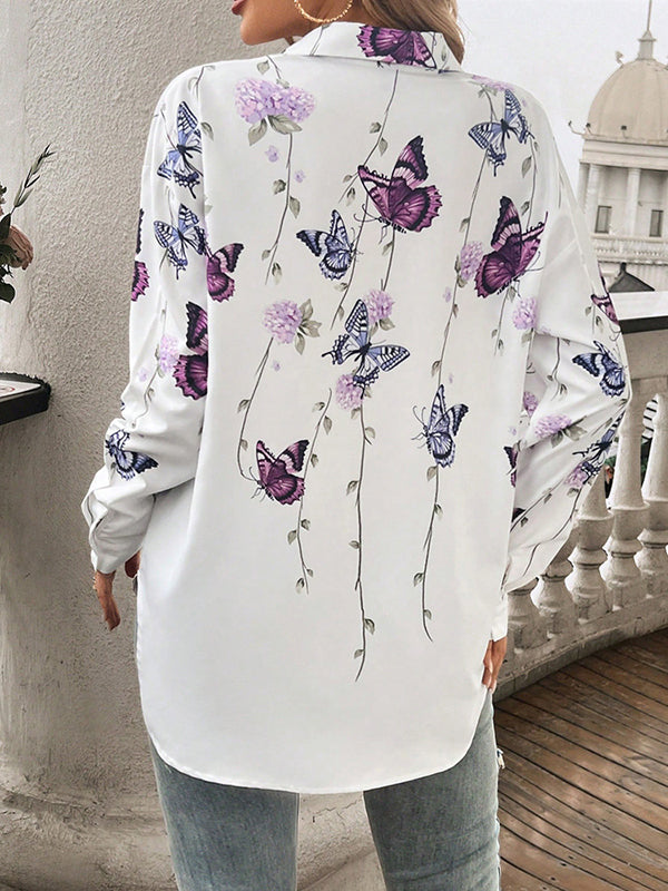 Long Sleeves Loose Butterfly Print Buttoned Lapel Blouses&Shirts Tops