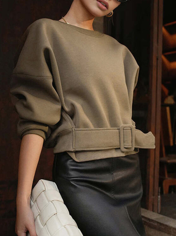 Long Sleeves Loose Belt Buckle Solid Color Round-Neck Sweatshirt Tops