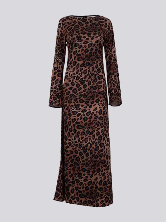 Bodycon High Waisted Leopard Zipper Round-Neck Maxi Dresses