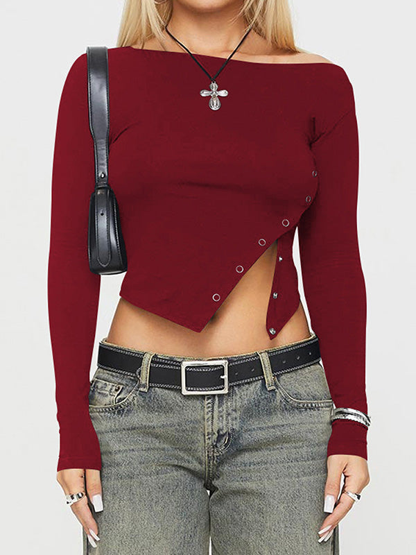 Long Sleeves Skinny Asymmetric Solid Color Split-Side Boat Neck T-Shirts Tops