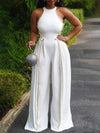 High Waisted Sleeveless Chains Pleated Split-Joint Round-Neck Jumpsuits