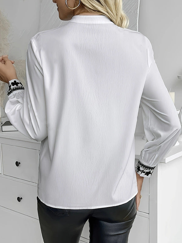 Long Sleeves Loose Pleated Split-Joint Stand Collar Blouses&Shirts Tops