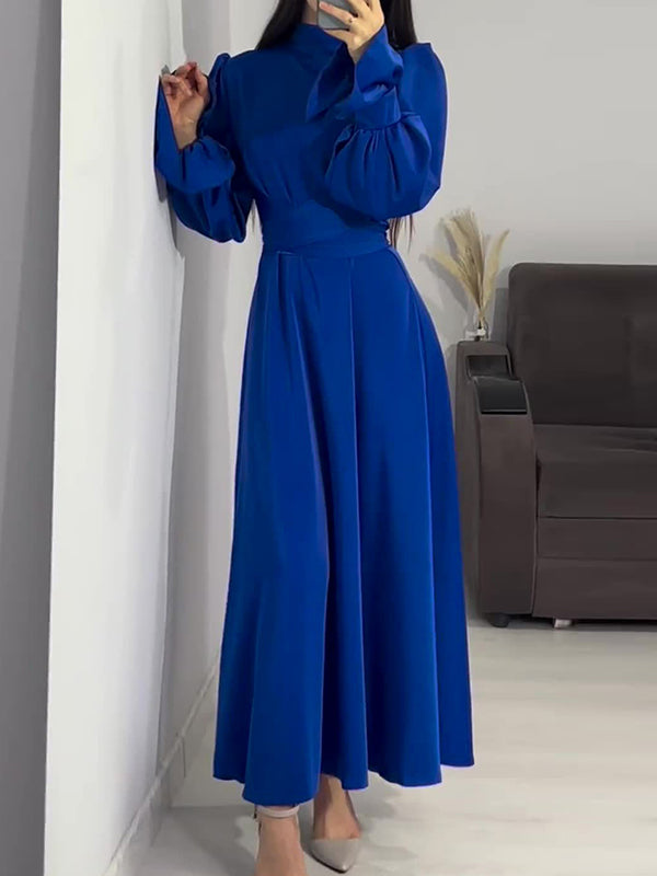 A-Line Long Sleeves Pleated Solid Color Tied Waist Zipper Mock Neck Maxi Dresses