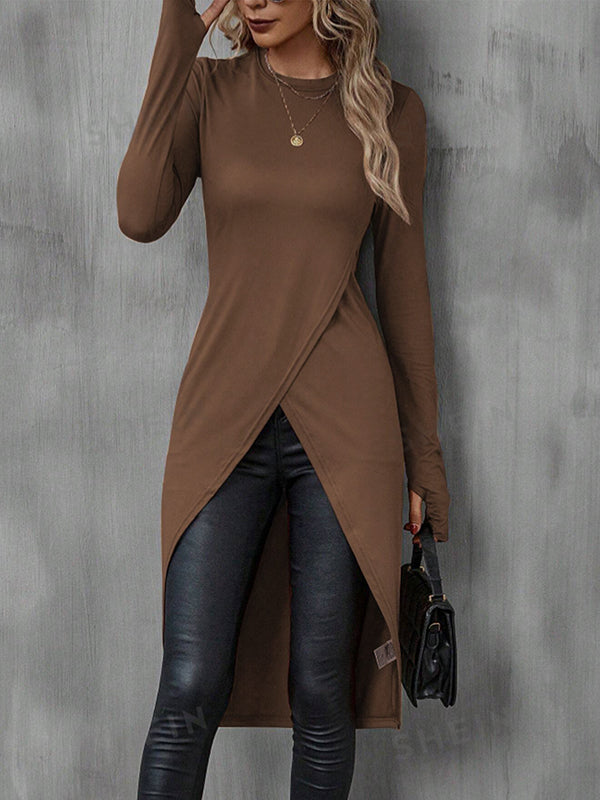 Bodycon High-Low Solid Color Round-Neck T-Shirts Tops