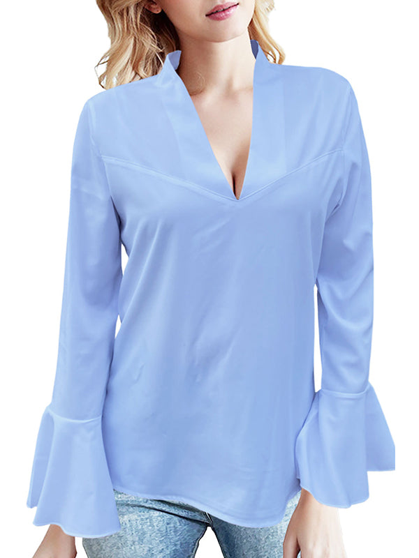 Flared Sleeves Long Sleeves Rhine Stones Solid Color V-Neck Blouses&Shirts Tops