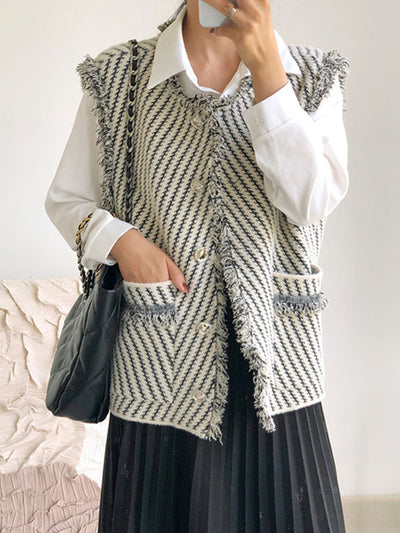 Loose Sleeveless Buttoned Fringed Pockets Striped V-Neck Vest Outerwear