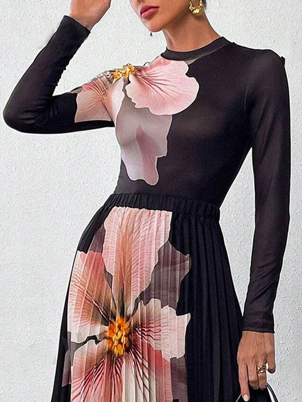 Long Sleeves Asymmetric Floral Printed Split-Joint Round-Neck T-Shirts Tops