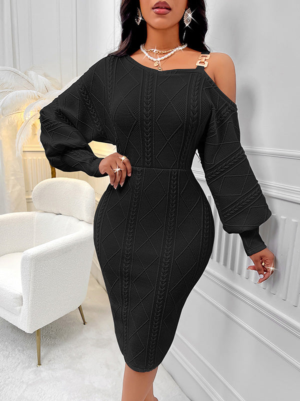 Bodycon Long Sleeves Solid Color Split-Joint Cold Shoulder Midi Dresses