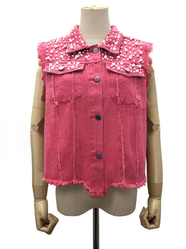 Loose Sleeveless Beaded Fringed Split-Joint Lapel Vest Outerwear