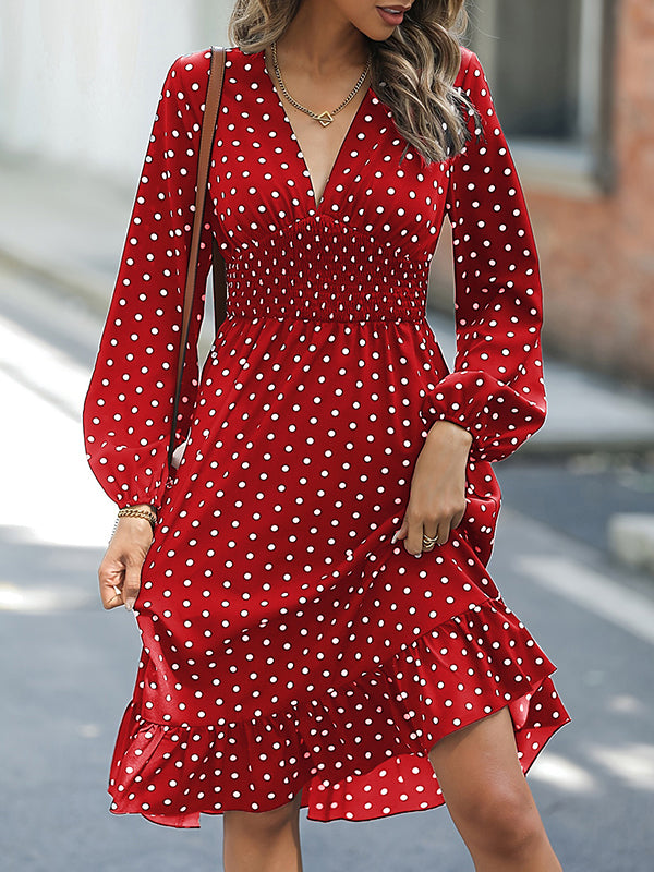 Long Sleeves Loose Elasticity Pleated Polka-Dot Split-Joint V-Neck Midi Dresses