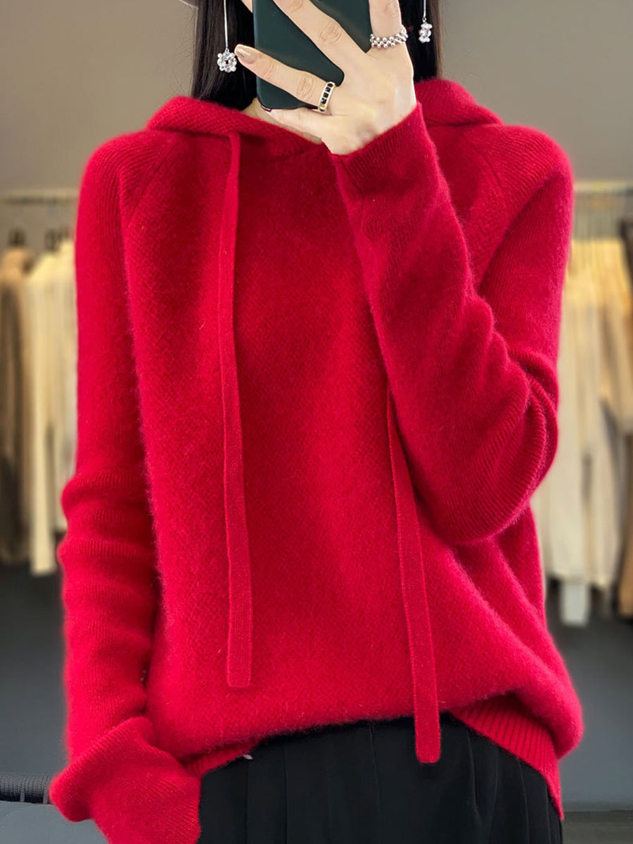 Women Winter Casual Solid Hooded Wool Sweater